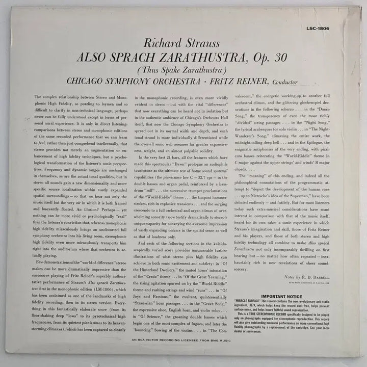 [BUNJANG] Fritz Reiner Chicago Symphony Orchestra - Also sprach Zarathustra, Op. 30 (1994 Reissue LP) / Fritz Reiner-슈트라우스: 짜라투스트라..1994년 리이슈 LP