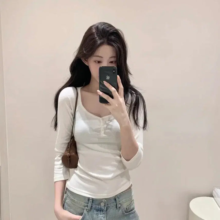 [BUNJANG] JENNIO BELLA 3/4 Sleeve Button Tee Ivory / 제니오 벨라 7부 버튼티 아이보리