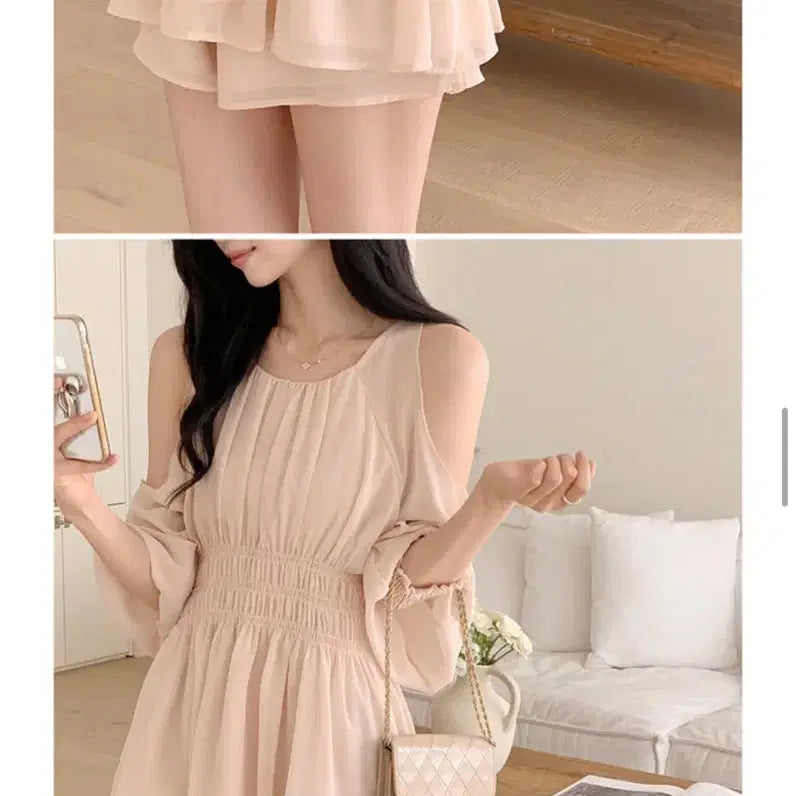 [BUNJANG] Perbit Sally Off-the-Shoulder Chiffon Blouse &amp; Pants Set (Light Peach) / 퍼빗_샐리 어깨 트임 쉬폰 블라우스&amp;팬츠(물복숭아)