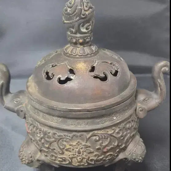 [BUNJANG] Qianlong Period Solid Bronze Censer with Animal Head Handles / 건륭 시대 순 청동 향로, 동물 머리 손잡이 포함