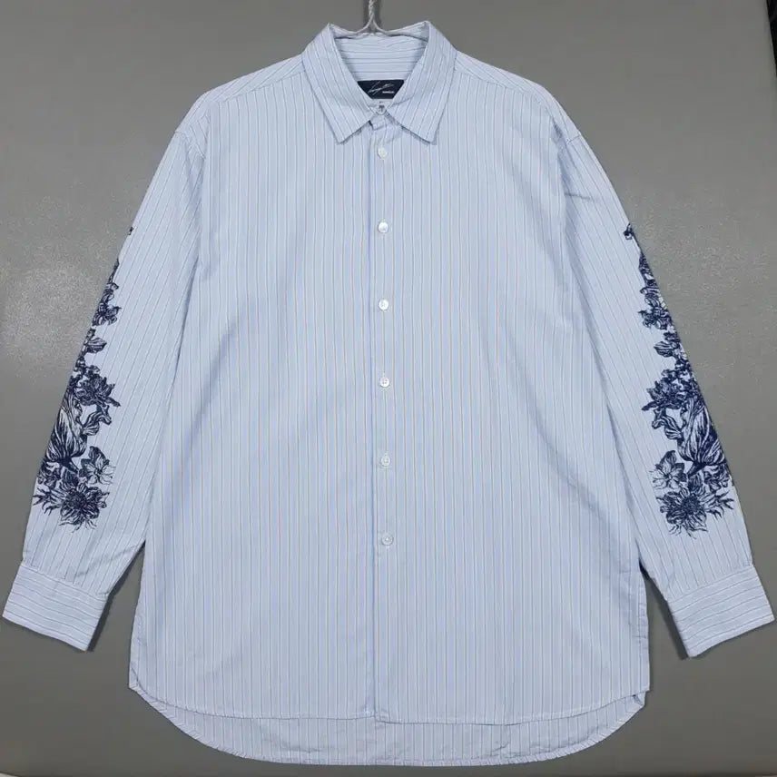 [BUNJANG] Songzio Homme Flower Velvet Embroidery Stripe Shirt / 실측 L (100) 송지오옴므 플라워 벨벳 자수 스트라이프 셔츠 남방