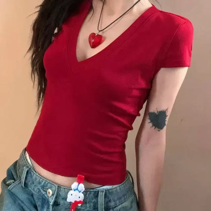 [BUNJANG] Cherry Red V-Neck Short Sleeve Top / (당일발송)new 브이넥 핏예술 체리레드 top