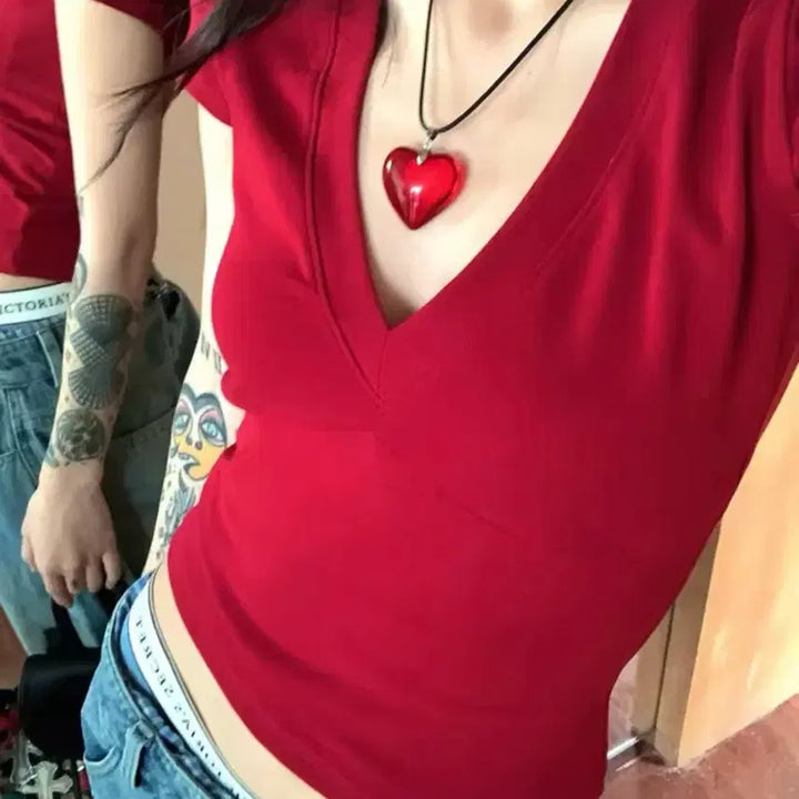 [BUNJANG] Cherry Red V-Neck Short Sleeve Top / (당일발송)new 브이넥 핏예술 체리레드 top