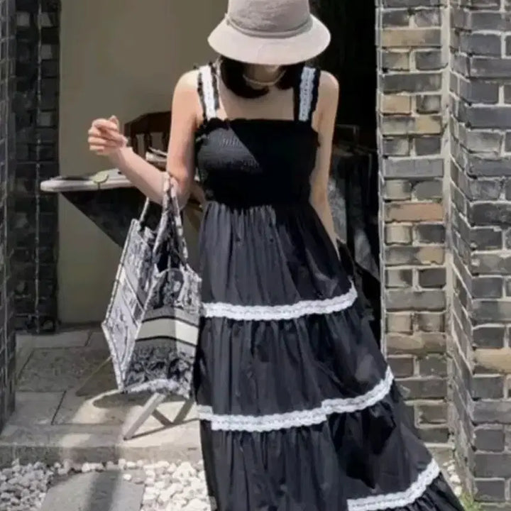 [BUNJANG] Black Lace Tiered Maxi Dress / 블랙 레이스 캉캉 원피스