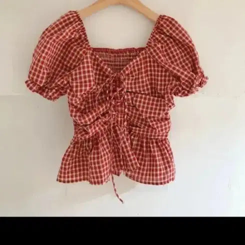[BUNJANG] Checkered Square Neck Puff Sleeve Blouse / 체크무늬 스퀘어넥 퍼프 블라우스새거