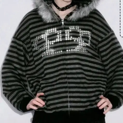 [BUNJANG] Romwe Striped Fur Hooded Zip-Up Jacket / Romwe 스트라이프 단가라 퍼 후드집업 y2k 갸루