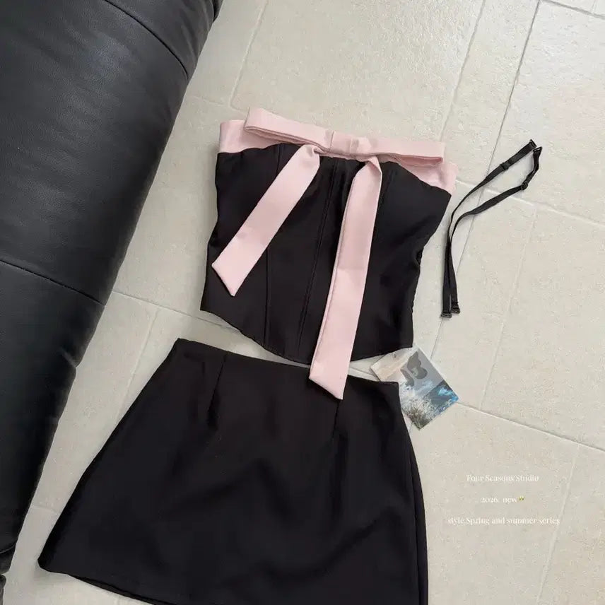 [BUNJANG] Black Pink Ribbon Corset Tube Top Skirt Set / 블랙 핑크 리본 코르셋 튜브탑 스커트 세트