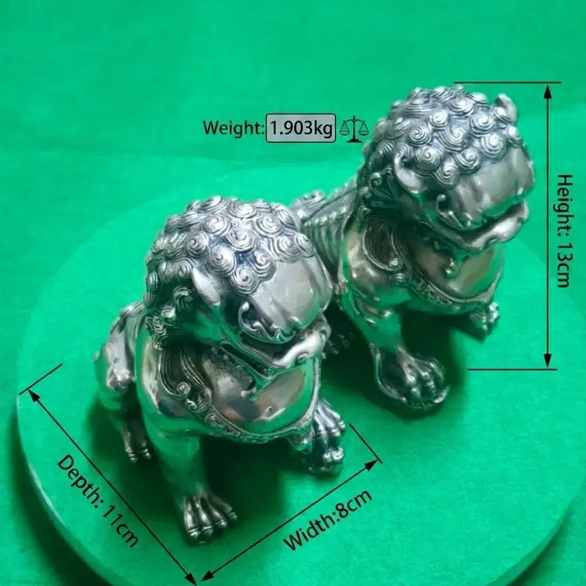[BUNJANG] Pair of White Copper Haetae (Guardian Lion) Statues, Qianlong Period Mark, Amulet, Wealth and Prosperity / 백동 해태상(풍수 사자상) 암수 한 쌍,건륭년제 낙관,액막이.부귀