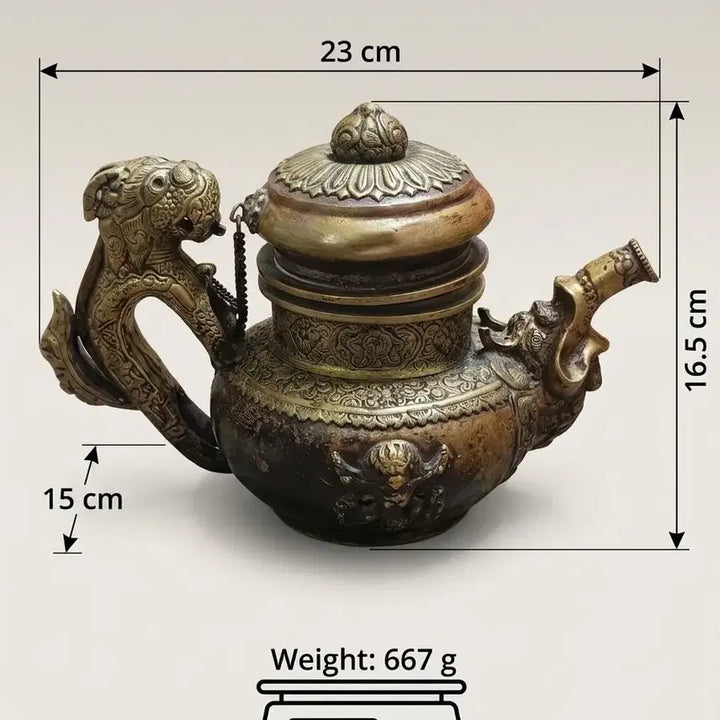 [BUNJANG] Antique Tibetan Style Bronze Teapot with Dragon and Makara Carvings / 앤틱 티베트 스타일 드래곤 청동 주전자 (용 조각 / 풍수 인테리어 수집