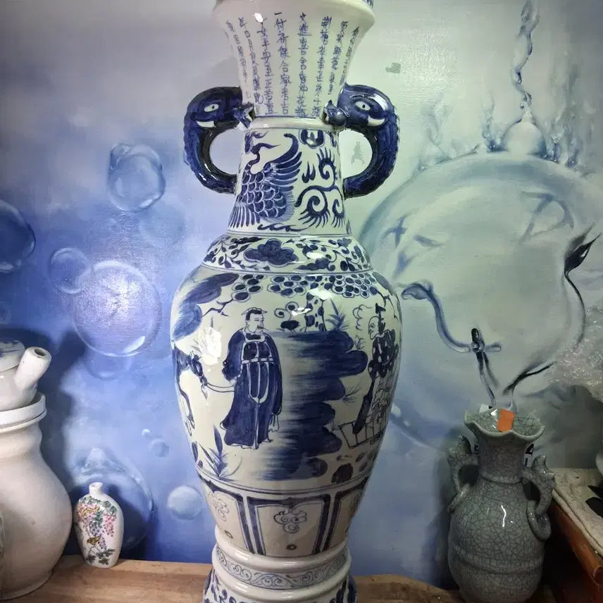 [BUNJANG] Joseon Dynasty Celadon Porcelain Vase with Phoenix Motif / 청화백자 봉황문  양이호 도자기