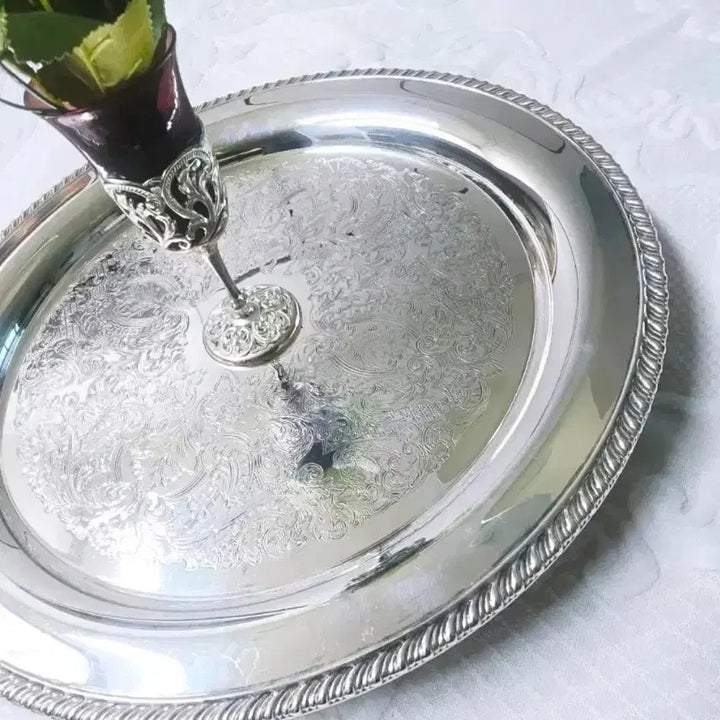 [BUNJANG] Wm. A. Rogers Silver Plated Brass Large Round Serving Tray (Canada, 14.75-inch) / 캐나다 빈티지 실버플레이트 네굽 대형 트레이( 문의)
