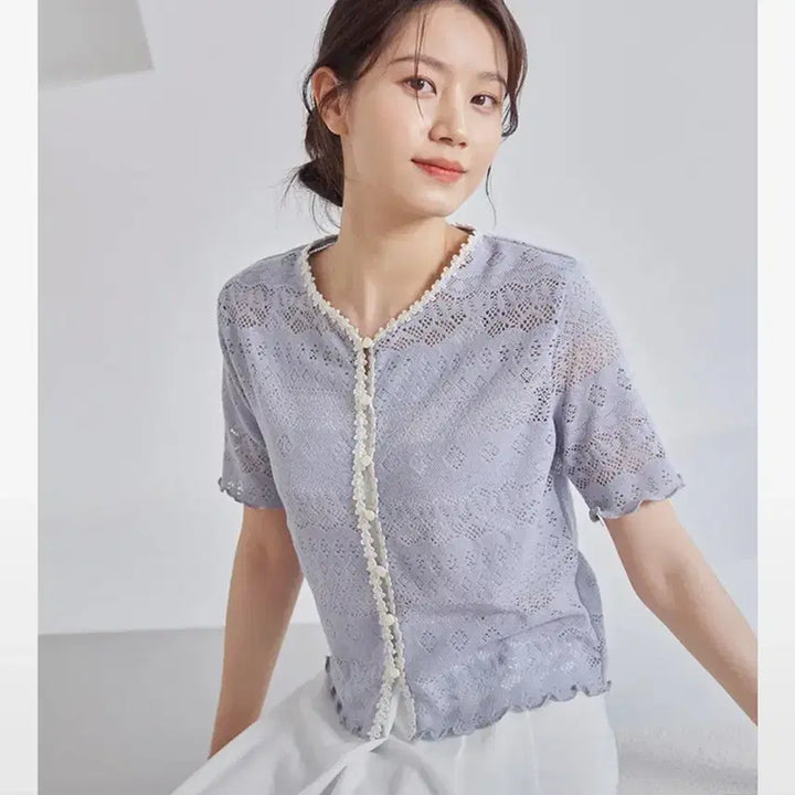 [BUNJANG] Ganissong Flower Lace Short Sleeve Cardigan Light Purple / (새상품)가니송 플라워 레이스 반팔 가디건 라이트 퍼플