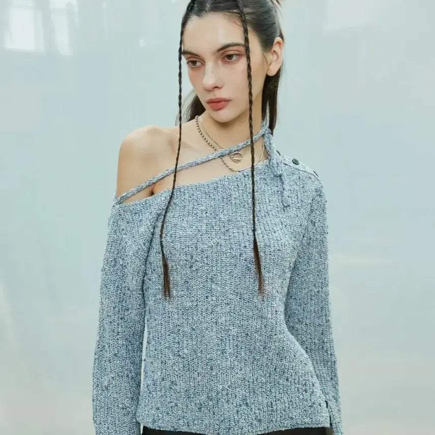 [BUNJANG] Lartigent L9 Open Off-Shoulder Mélange Ribbon Knit / 라티젠 L9 오픈 오프숄더 보카시 리본 니트