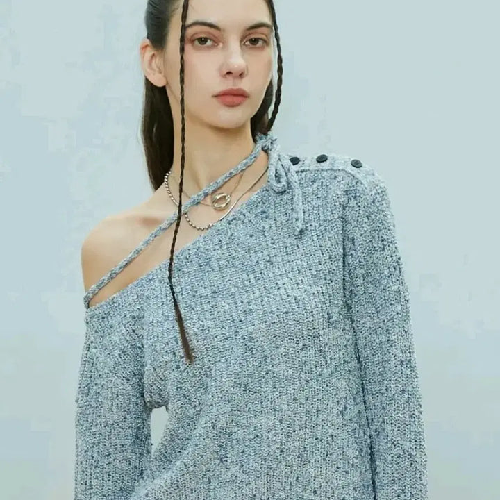 [BUNJANG] Lartigent L9 Open Off-Shoulder Mélange Ribbon Knit / 라티젠 L9 오픈 오프숄더 보카시 리본 니트
