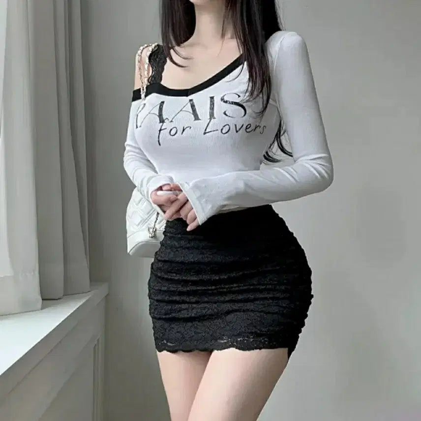 [BUNJANG] White Off-Shoulder Cropped Long Sleeve T-Shirt / 화이트 오프숄더 긴팔티셔츠 에이블리 크롭티셔츠