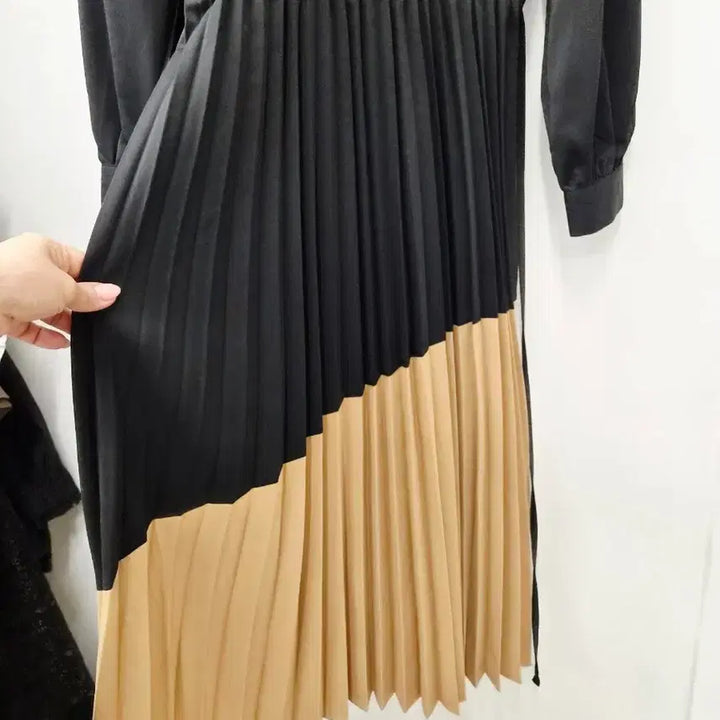 [BUNJANG] OZOC Pleated Long Dress Black/Beige / OZOC원피스 블랙/베이지 플리츠 롱 원피스