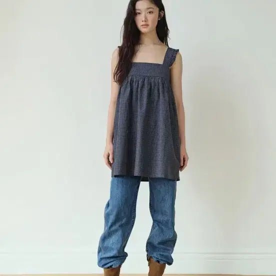 [BUNJANG] Homebodythings Shirring Check OPS (Navy) / 홈바디띵즈 Shirring Check OPS (NAVY)