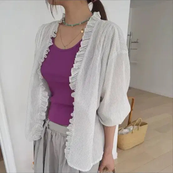 [BUNJANG] Striped Ruffle Blouse Cardigan Outerwear / 새상품 스탠딩 도매택 스트라이프 블라우스 가디건 여름 아우터 빅사이즈