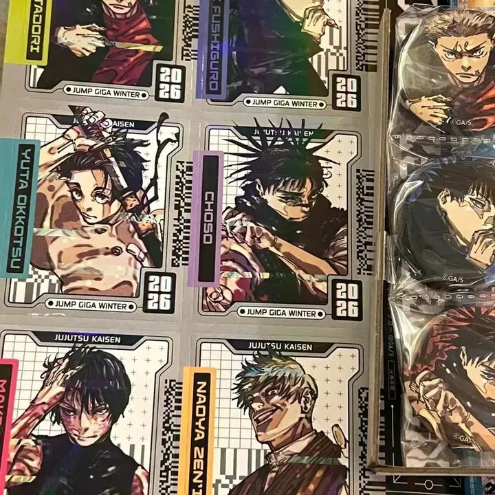 [BUNJANG] Jujutsu Kaisen Original Art Can Badge &amp; Holographic Sticker Set / 주술회전 원화 캔뱃지, 홀로 스티커 세트 판매 유지, 후시구로, 유타