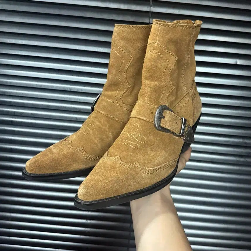 [BUNJANG] ZARA Suede Western Buckle Ankle Boots Camel / 자라 카멜 스웨이드 세무 웨스턴 버클 벨트 앵클 부츠 뾰족 39 245