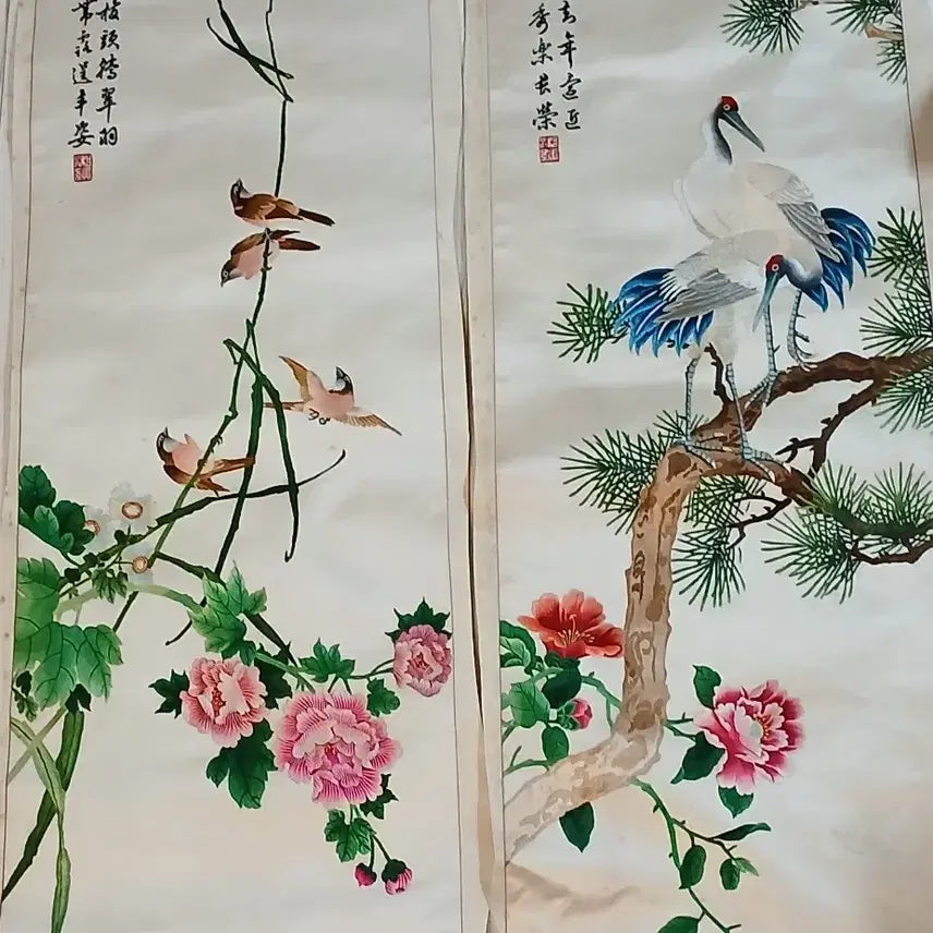 [BUNJANG] Eight-Panel Folding Screen with Embroidered Birds and Flowers / 고급자수화조도8폭