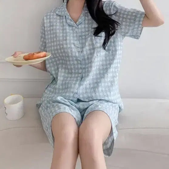[BUNJANG] Checkered Cat Short Pajama Set / 체크 냐옹이 반팔 반바지 잠옷 세트