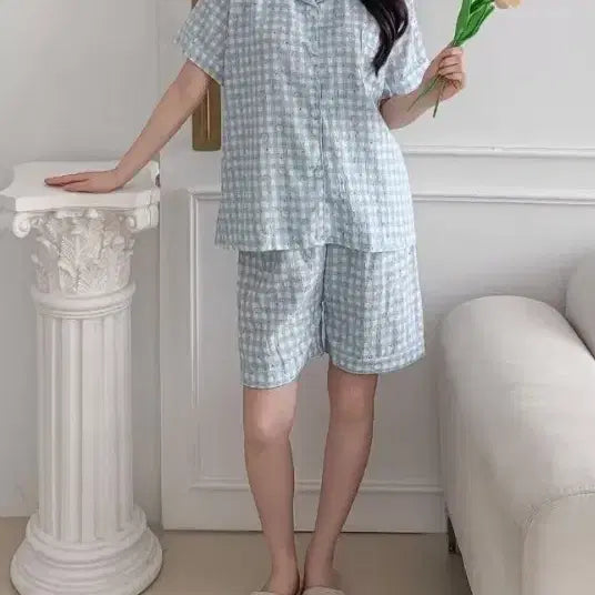 [BUNJANG] Checkered Cat Short Pajama Set / 체크 냐옹이 반팔 반바지 잠옷 세트