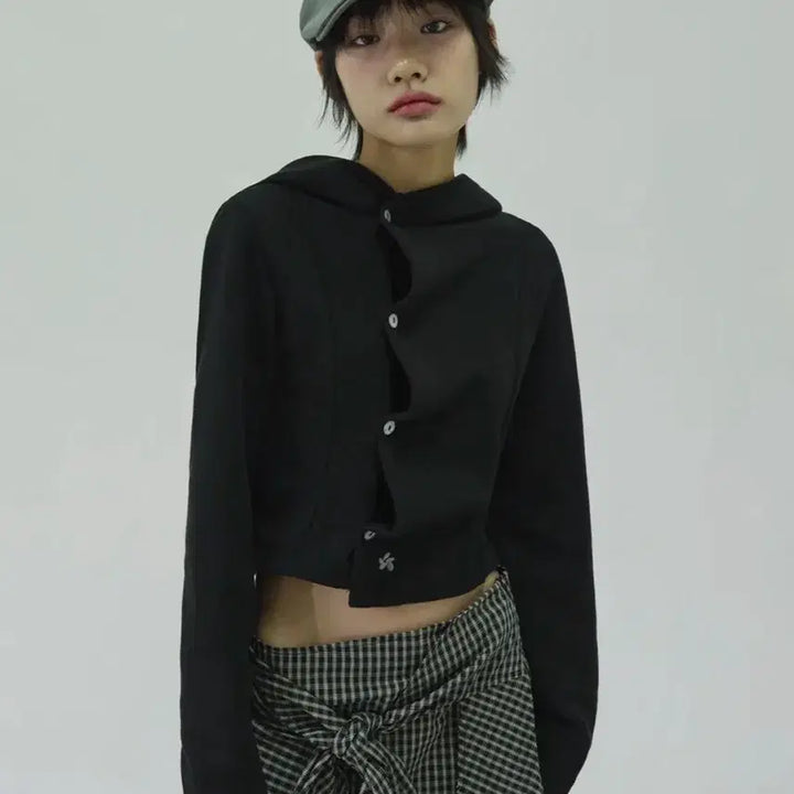 [BUNJANG] Slickglow Small Logo Shirring Hood Top (Gray/Black) / 마지막 가격) 슬릭글로우 스몰 로고 사이드 버튼 셔링 후드탑 그레이