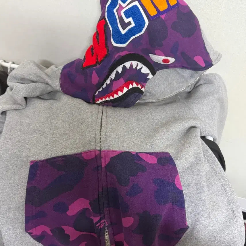 [BUNJANG] BAPE Shark Hoodie Grey Purple / [L] 정품 베이프 샤크후드 그레이 퍼플