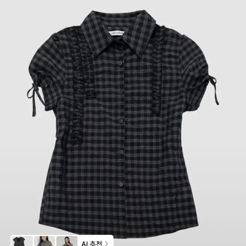 [BUNJANG] Place Studio Check Frill Puff Sleeve Single Collar Blouse (Charcoal) / 체크 프릴 포인트 스트랩 퍼프 소매 싱글 카라 블라우스 반팔 셔츠 (차콜