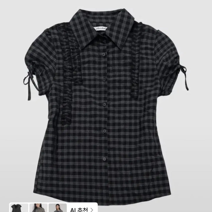 [BUNJANG] Place Studio Check Frill Puff Sleeve Single Collar Blouse (Charcoal) / 체크 프릴 포인트 스트랩 퍼프 소매 싱글 카라 블라우스 반팔 셔츠 (차콜