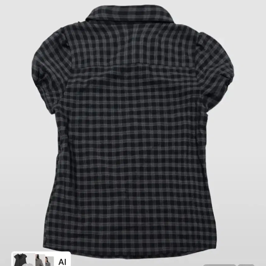 [BUNJANG] Place Studio Check Frill Puff Sleeve Single Collar Blouse (Charcoal) / 체크 프릴 포인트 스트랩 퍼프 소매 싱글 카라 블라우스 반팔 셔츠 (차콜