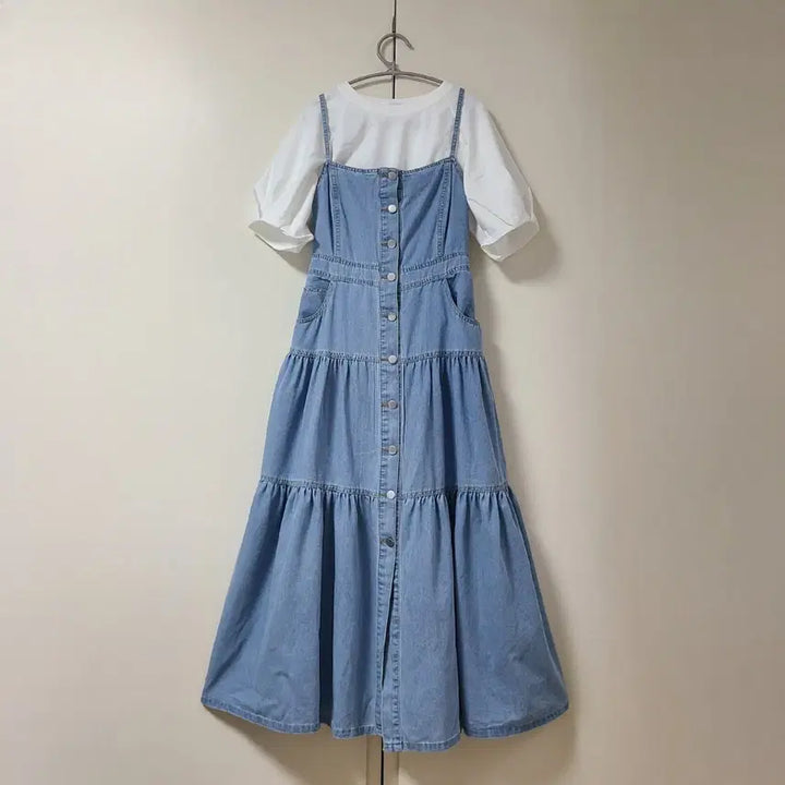 [BUNJANG] Denim Strap Ruffle Long Dress / 데님 끈 롱 캉캉 원피스 55~66 (새것)