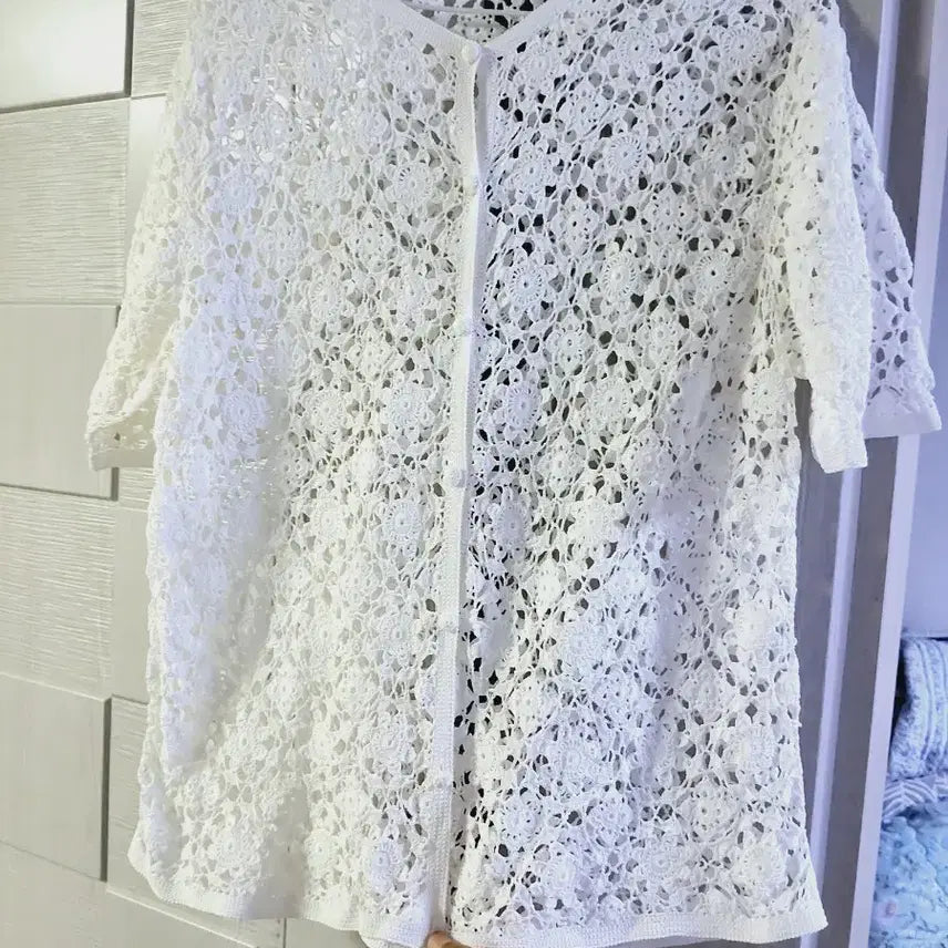 [BUNJANG] Hand-Knitted Cardigan Cotton White / 손뜨개 가디건