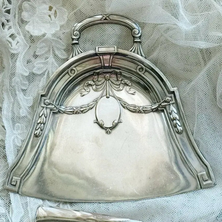 [BUNJANG] French Antique Silver Plate Crumb Sweeper Set with Ribbon and Broom / 프랑스 앤틱 실플 리봉이 스위퍼