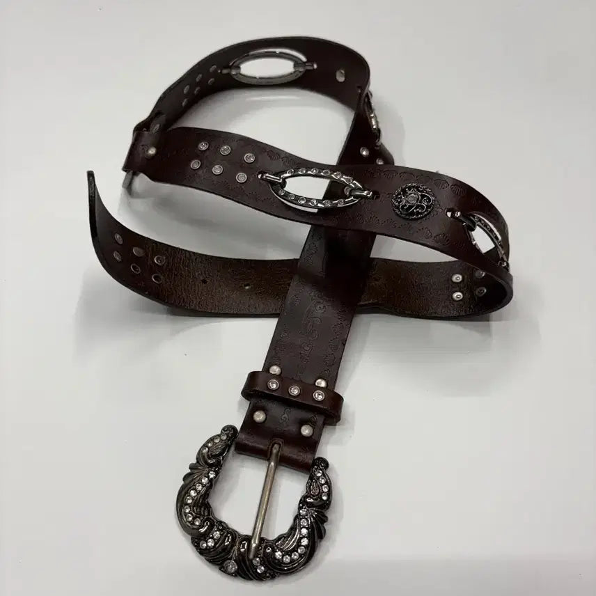 [BUNJANG] ROMANTTE Western Crystal Buckle Leather Belt / 웨스턴 큐빅 버클 레더 벨트