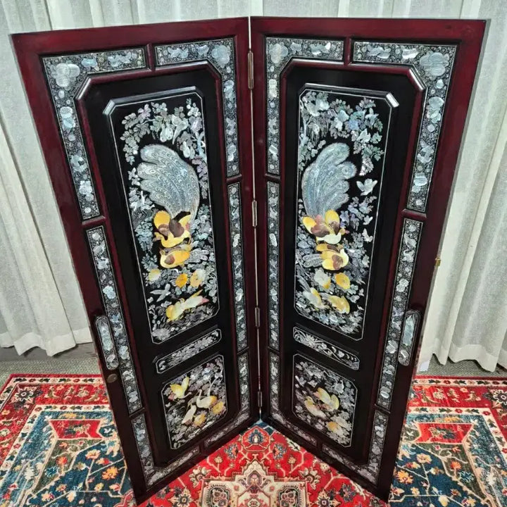 [BUNJANG] 1970s Vintage Tongyeong Mother-of-Pearl Inlaid Folding Screen / N6-1 70S 빈티지 오리지널 통영나전칠기 천연자개 2폭 접이식 파티션
