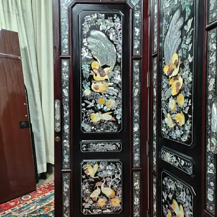 [BUNJANG] 1970s Vintage Tongyeong Mother-of-Pearl Inlaid Folding Screen / N6-1 70S 빈티지 오리지널 통영나전칠기 천연자개 2폭 접이식 파티션