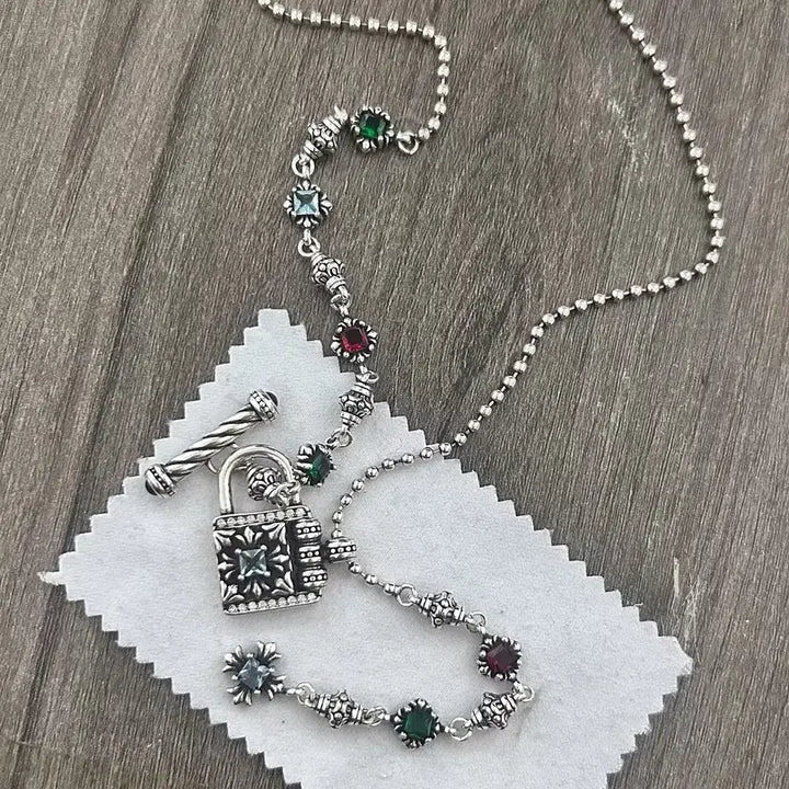 [BUNJANG] 925 Silver Color Stone Lock Necklace / 925 실버 컬러 스톤 자물쇠 목걸이