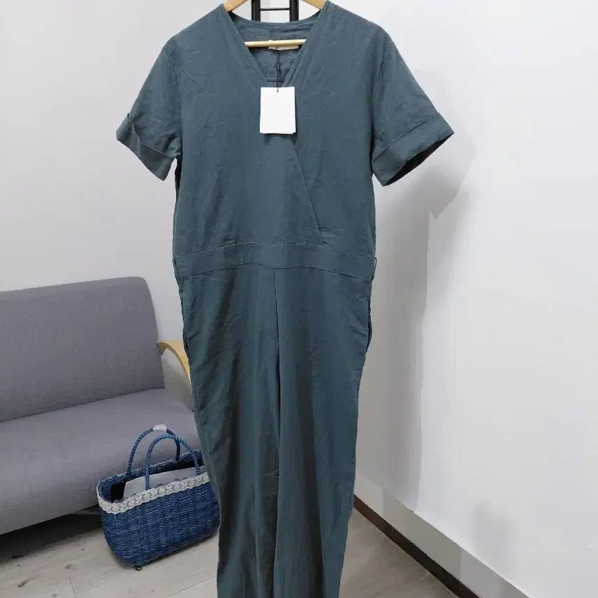 [BUNJANG] Linen Teal Wrap Jumpsuit / 린넨 청록색 랩 점프수트
