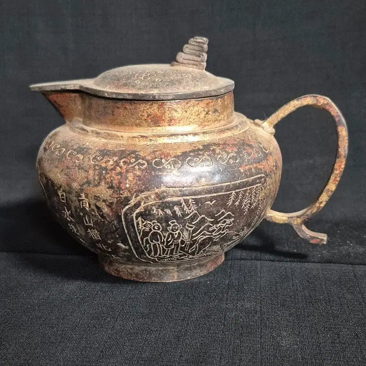 [BUNJANG] Antique Bronze Engraved Kettle Oil Lamp / 동 브론즈 음각 문자 도안 주전자 호롱 연적