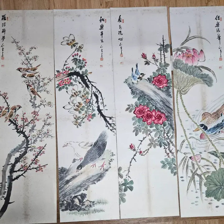 [BUNJANG] Indang Lee Young-gyun Master 8-Panel Folding Screen with Birds and Flowers / 인당 이영균 선생  8폭 화조병풍