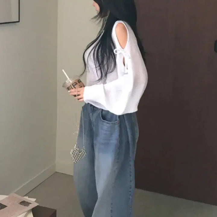 [BUNJANG] Shoulder Ribbon Slit Knit Ivory / 어깨 리본 트임 니트 아이보리