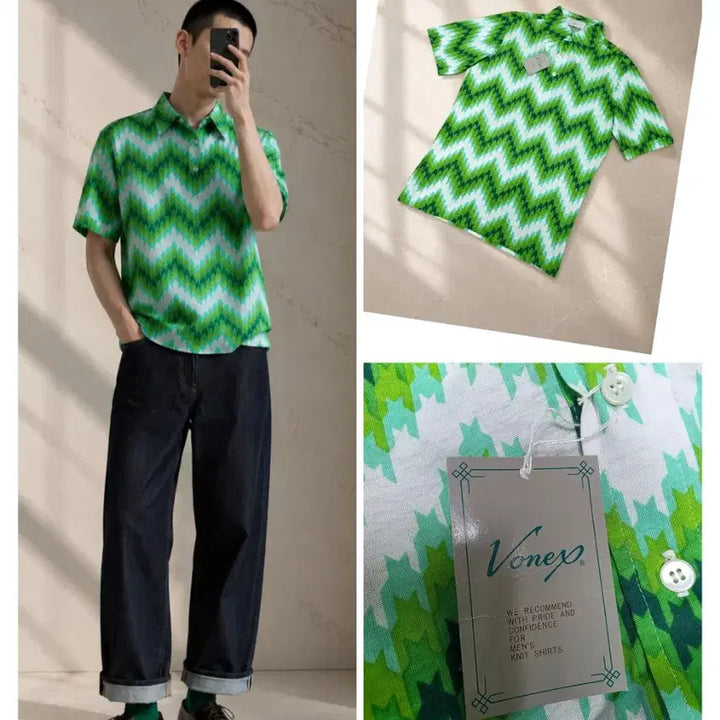[BUNJANG] Vonex Vintage Zigzag Pattern Short Sleeve Shirt M (95) / (정품/새상품) Vonex 빈티지 패턴 반팔 셔츠 / M (95)