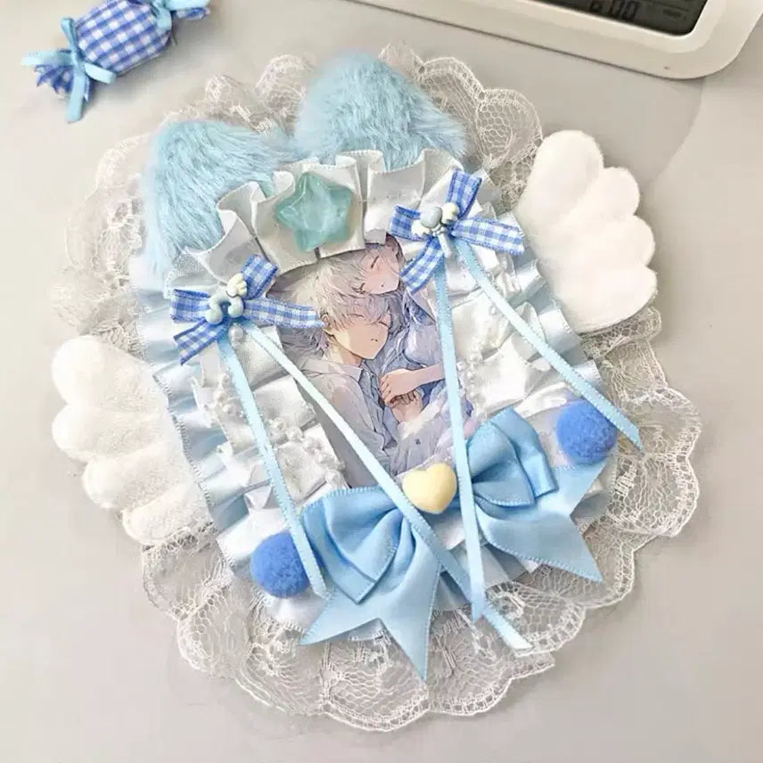 [BUNJANG] Handmade Blue Cat Angel Wings Ribbon Lace Photocard Holder Toploader / 리본 레이스 탑꾸 포카홀더 탑로더 별 수제 천사 날개 파랑 고양이 블루