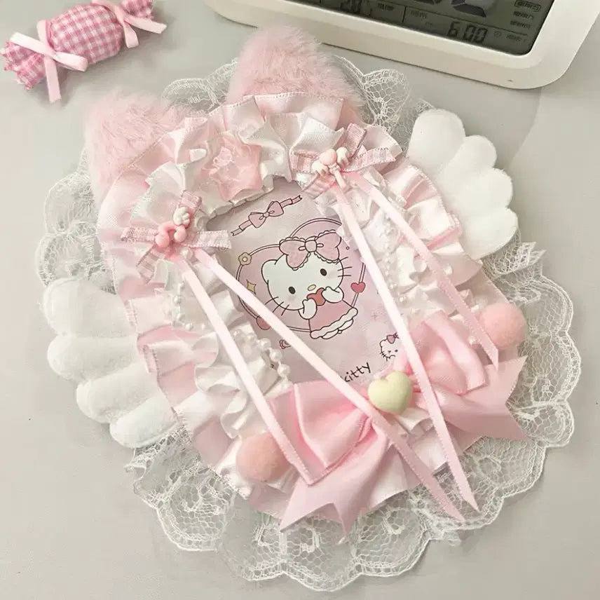 [BUNJANG] Handmade Angel Wing Cat Ribbon Lace Top Loader Photocard Holder / 리본 레이스 탑꾸 포카홀더 탑로더 별 수제 천사 날개 고양이 핑크 분홍