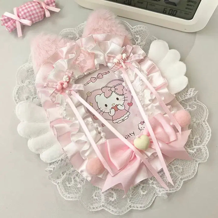 [BUNJANG] Handmade Angel Wing Cat Ribbon Lace Top Loader Photocard Holder / 리본 레이스 탑꾸 포카홀더 탑로더 별 수제 천사 날개 고양이 핑크 분홍