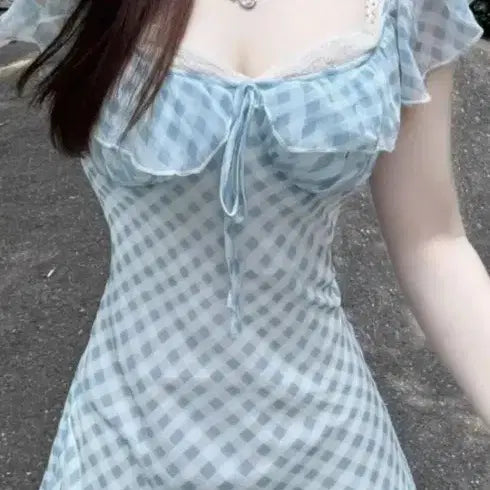 [BUNJANG] Checkered Frill Midi Dress / 체크무늬 프릴 원피스 새거