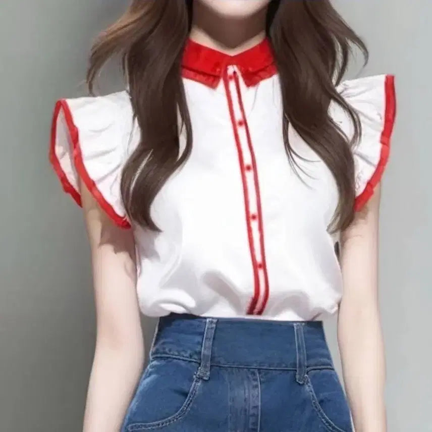 [BUNJANG] High-Quality Double Collar Frill Blouse Linen Cotton Blend / 고퀄 이중카라 프릴남방 새상품(66까지/원단좋아요~)