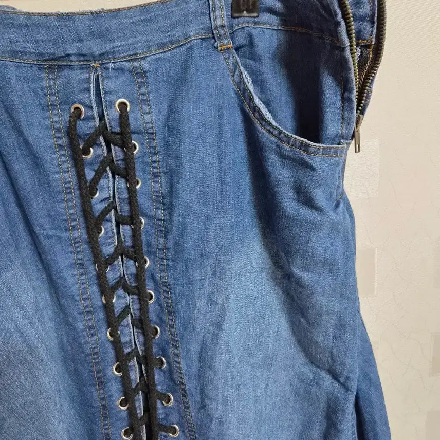 [BUNJANG] Vintage Mori Girl Style Washed Denim Long Skirt with Eyelet Lacing / 빈티지 모리걸 하구미 바선생 아일렛 끈 워싱 데님 청 롱 스커트